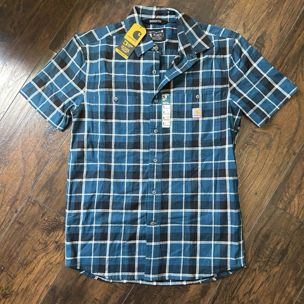 NWT Carhartt Men’s Rugged Flex Relaxed Fit SS Button Down Shirt Blue Plaid Small